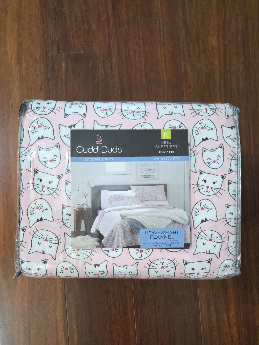 KING CUDDL DUDS CUTE PINK CAT FACES 6 P FLANNEL SHEET SET WARM LAYERS